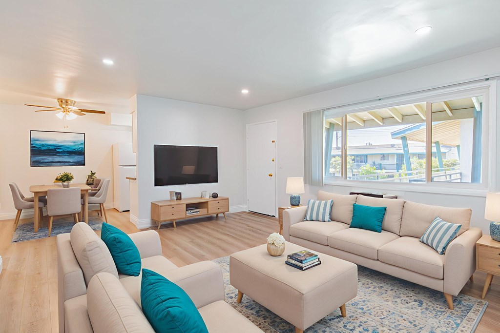 A living room with a white couch and a television.