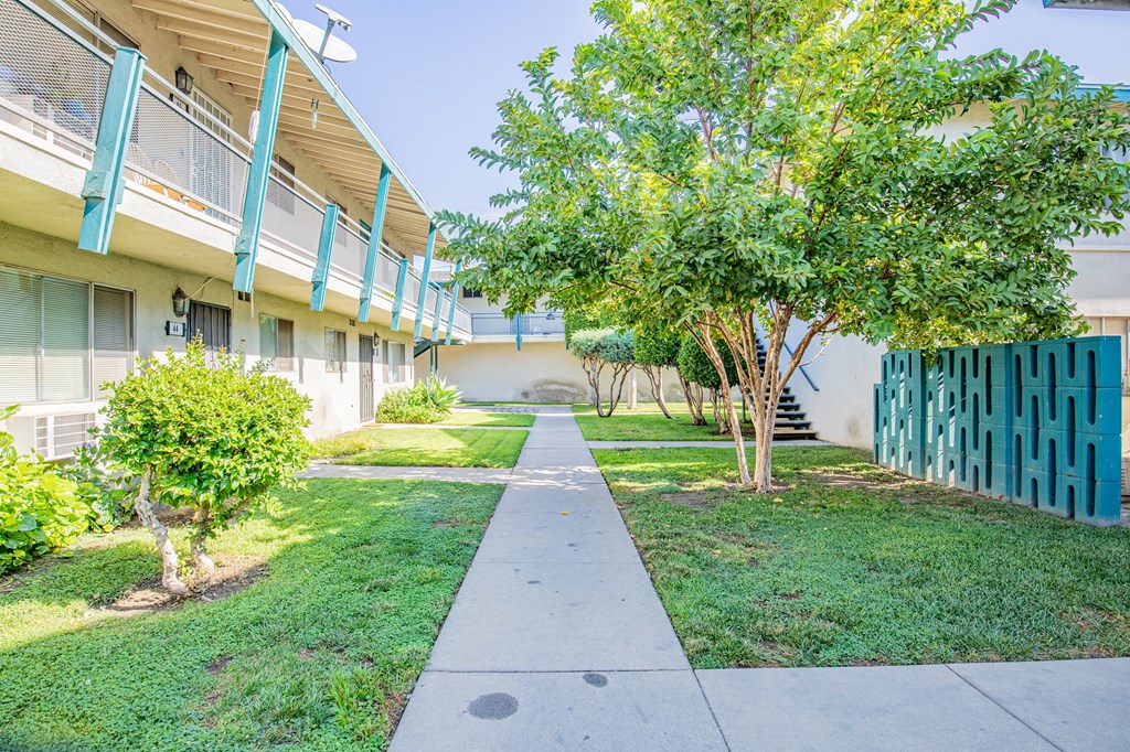 A tree is in front of a white building with green trim.