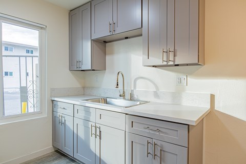 A kitchen with a sink and cabinets.