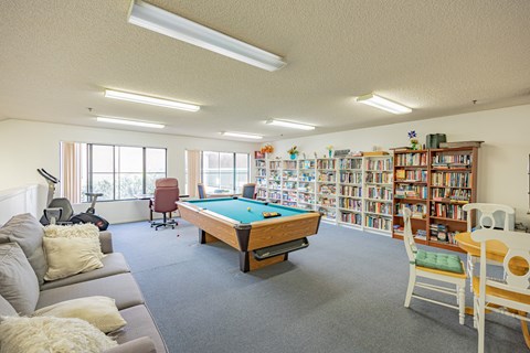A room with a pool table, couches, and bookshelves.