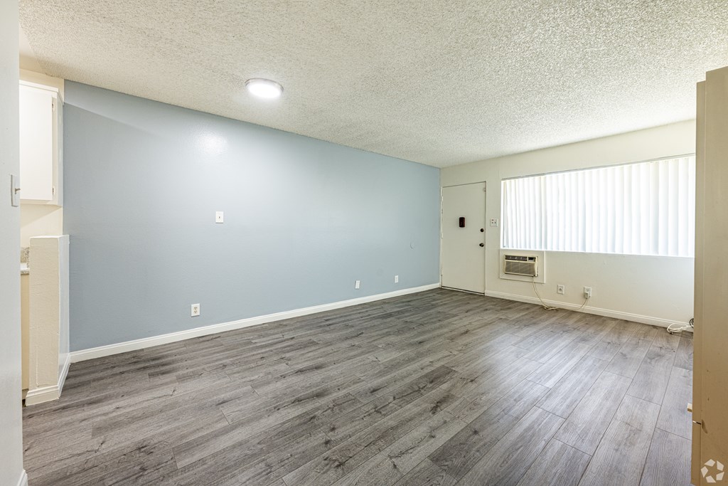 A room with a light blue wall and wooden flooring.