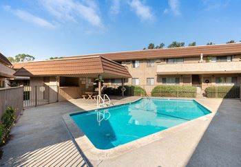 a swimming pool in front of a building at North View Terrace, Montebello California