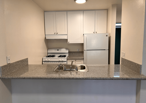 A kitchen with a stove, sink, and refrigerator.