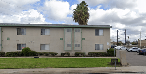 A building with a palm tree in front of it.