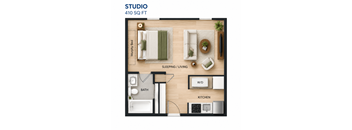 A floor plan of a 410 square foot studio apartment.