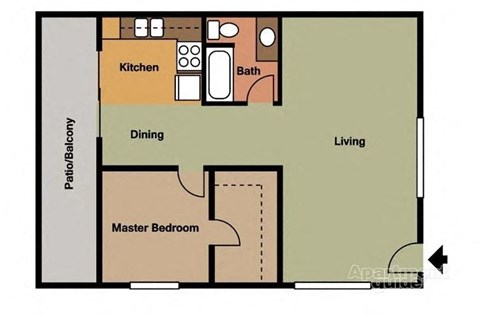 1 bedroom 1 bathroom floor plan at Terramonte Apartment Homes, Pomona, 91767 