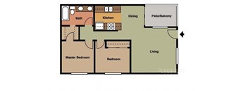 2 bedroom 1 bathroom floor plan at Terramonte Apartment Homes, Pomona, California