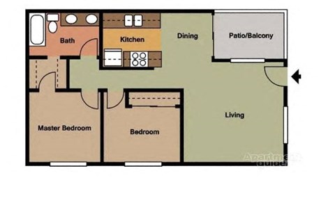 2 bedroom 1 bathroom floor plan at Terramonte Apartment Homes, Pomona, California