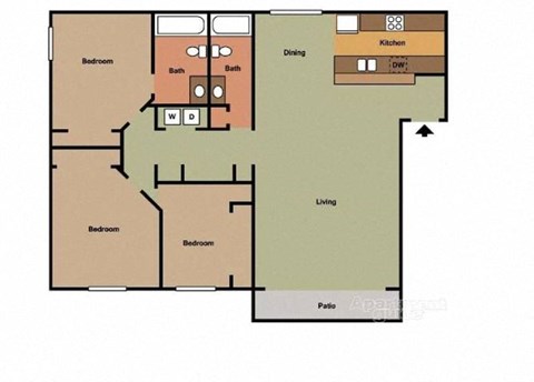 3 bedroom 2 bathroom floor plan at Terramonte Apartment Homes, California