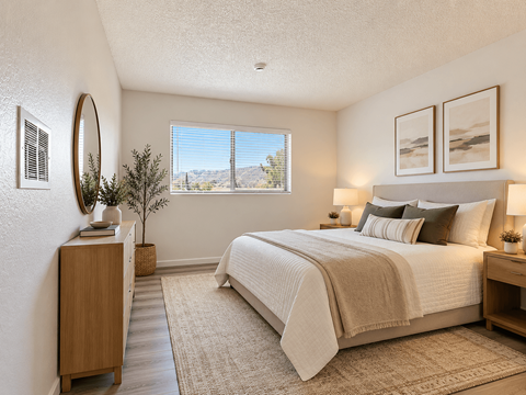 A bedroom with a large bed and a view of the mountains through the window.