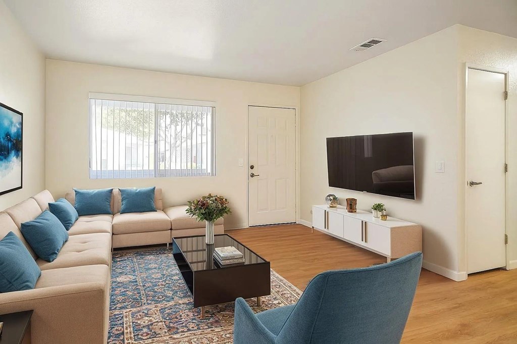 A living room with a sofa, a coffee table, a chair, and a television.