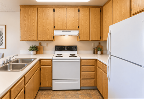 A kitchen with wooden cabinets and a white stove.