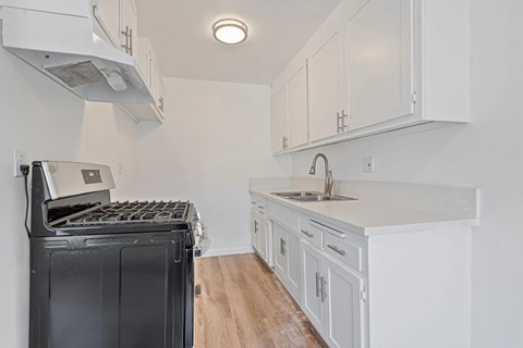 A modern kitchen with white cabinets and a black dishwasher.