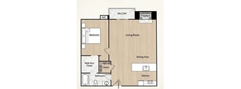 A floor plan of an apartment with a living room, dining area, kitchen, bathroom, and bedroom.