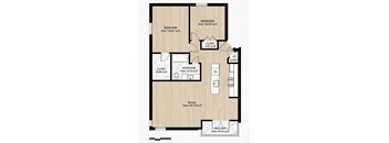 A floor plan of a house with two bedrooms, a bathroom, a kitchen, two closets, and a balcony.