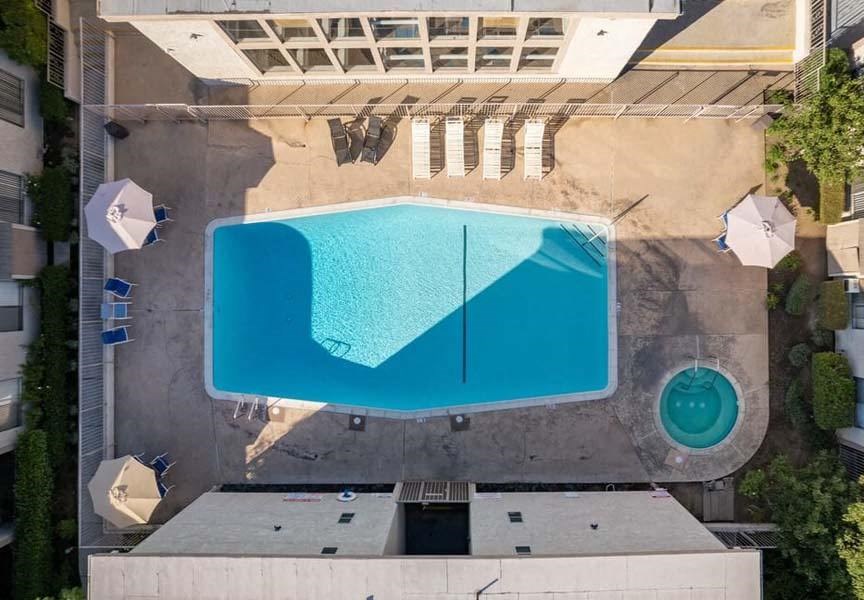 an aerial view of a swimming pool on top of a building at Mountainview Venture, California, 91722