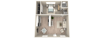 a 3d rendering of a bedroom with a bathroom and a living room at Sunnymead Apts Apartments, Moreno Valley, California