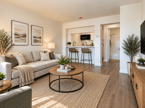 A living room with a white couch, a coffee table, and a TV.