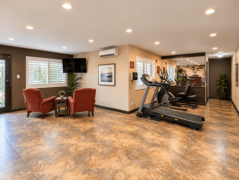A spacious room with a treadmill, exercise equipment, and a television.