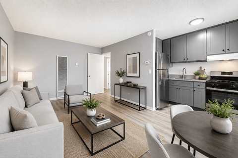 A modern living room with a grey couch, a coffee table, and a kitchen in the background.