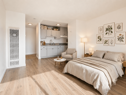 A bedroom with a large bed and a kitchen area in the background.