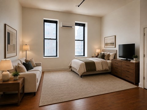 A bedroom with a bed, couch, and television.