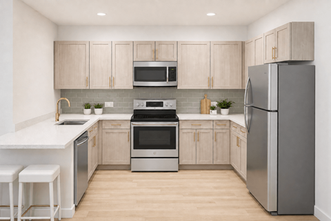 A modern kitchen with wooden cabinets and stainless steel appliances.