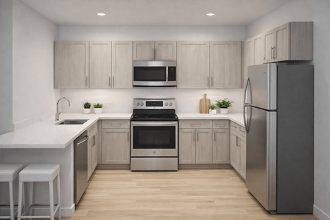 A modern kitchen with stainless steel appliances and wooden cabinets.