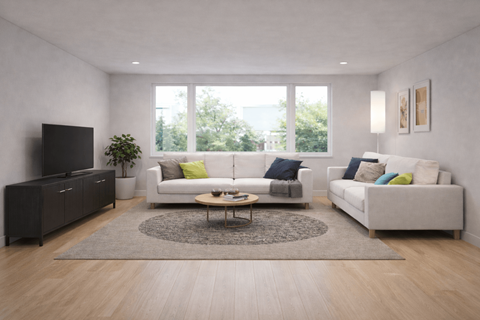 Living room with dual sofas and large windows at The Maddox Apartments, New Jersey, 8609