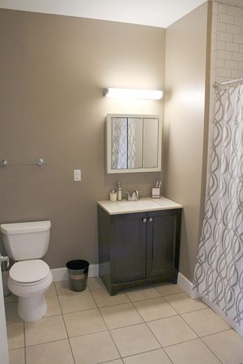 A bathroom with a toilet, sink, and shower curtain.