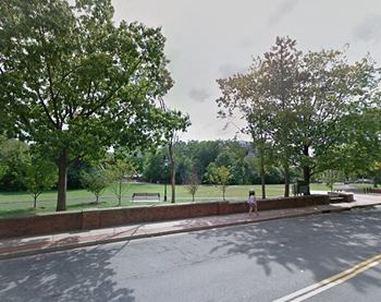 A street view with trees and a person walking on the sidewalk.