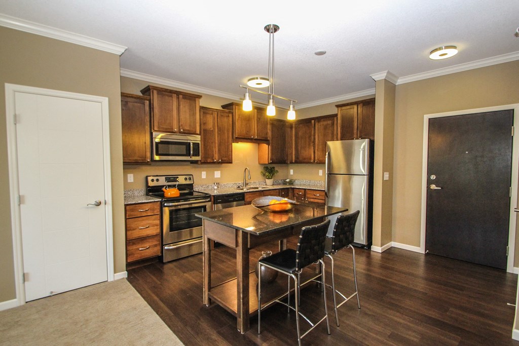 a kitchen with a large island and stainless steel appliances at The Flats at Cedar Grove, Minnesota