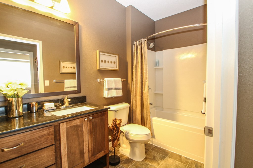 a bathroom with a toilet a sink and a bathtub at The Flats at Cedar Grove, Eagan, Minnesota