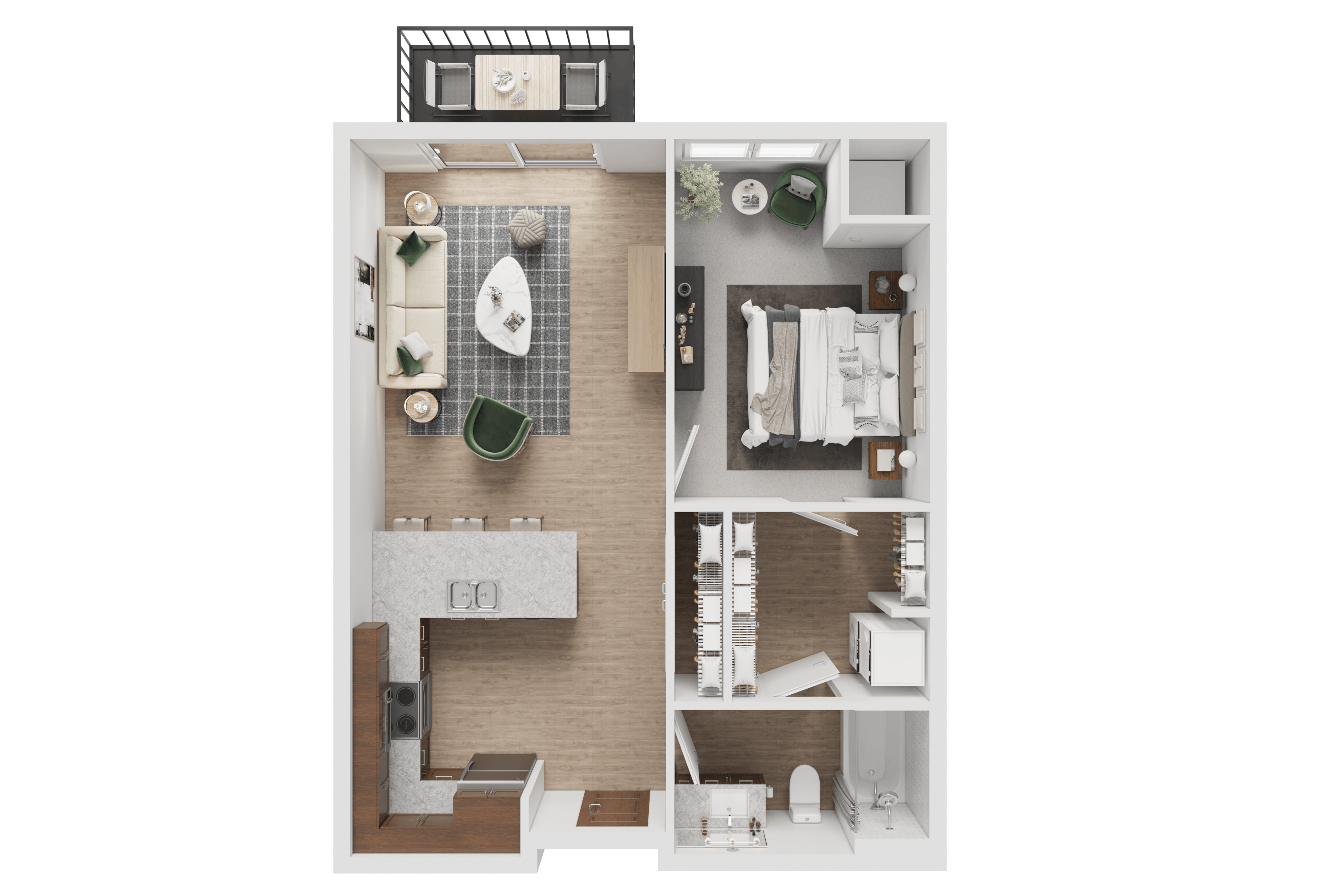 A floor plan of a small apartment with a kitchen, living room, and bathroom.
