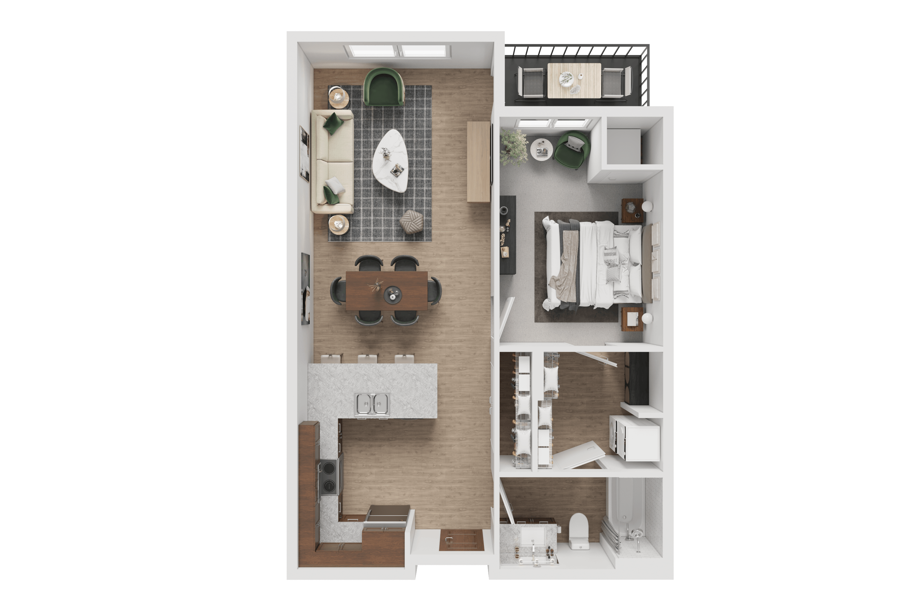 A top-down view of a small apartment layout with a kitchen, living room, and bathroom.