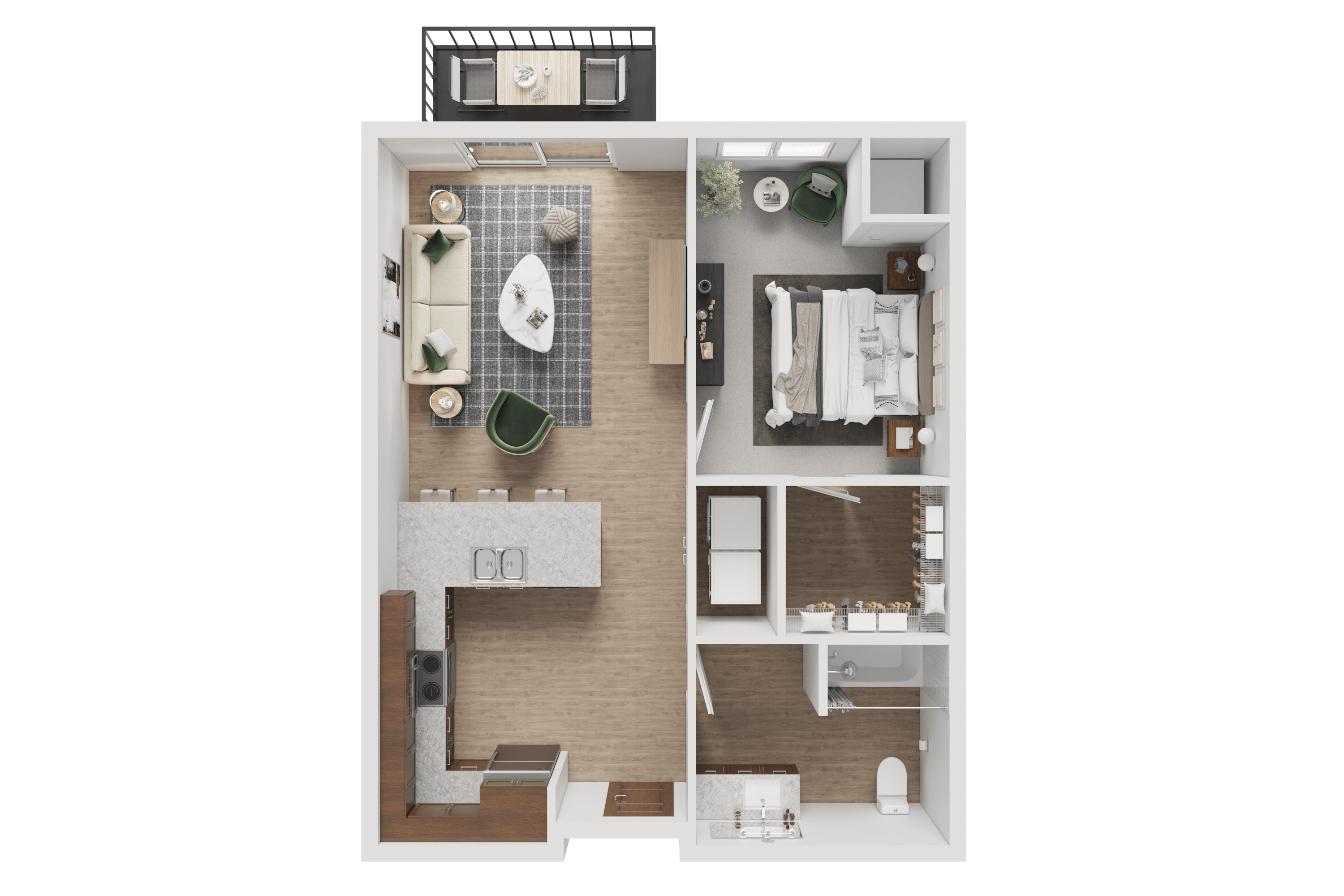 A detailed 3D floor plan of a small apartment.