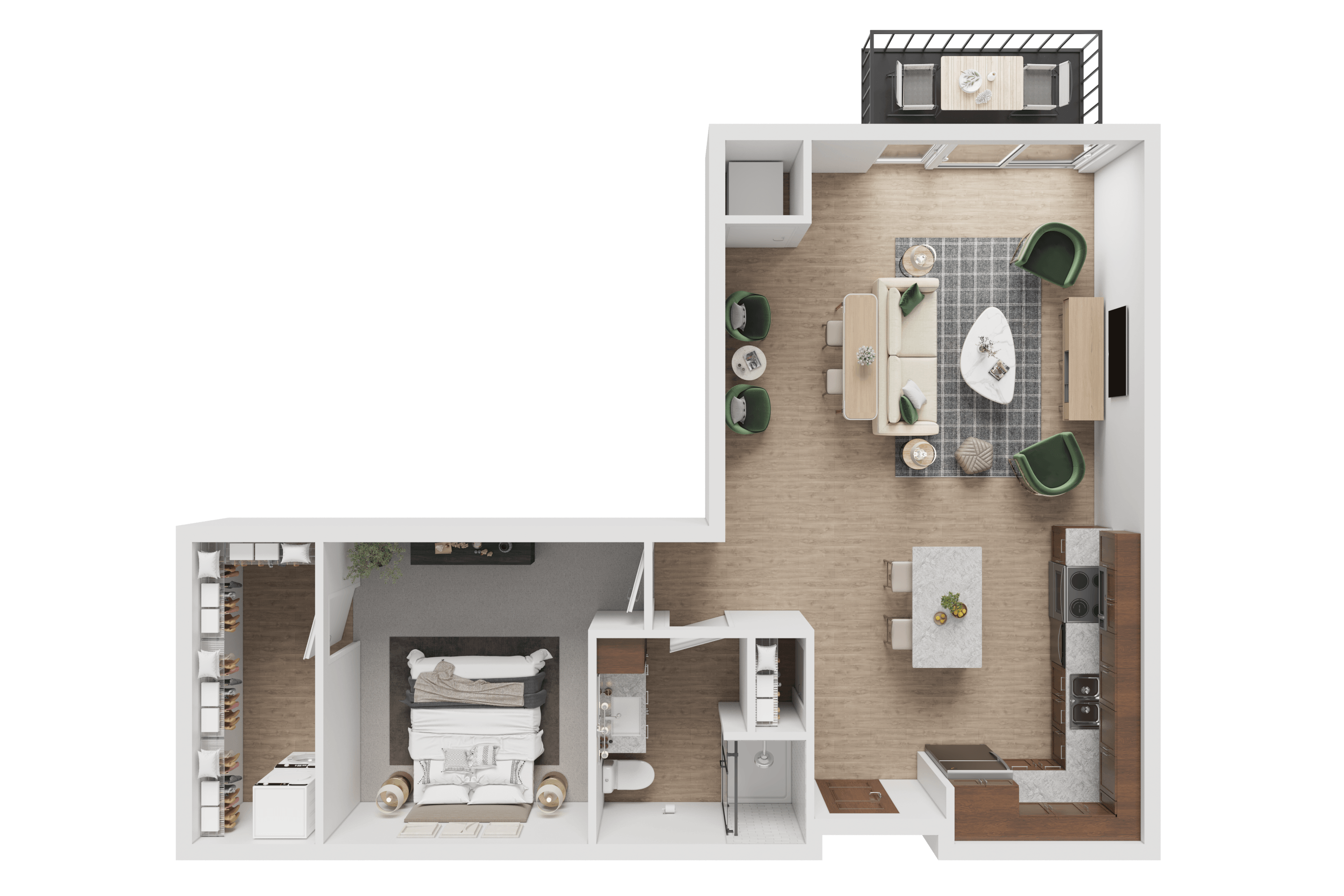 A top-down view of a house layout with a kitchen, living room, and bedrooms.