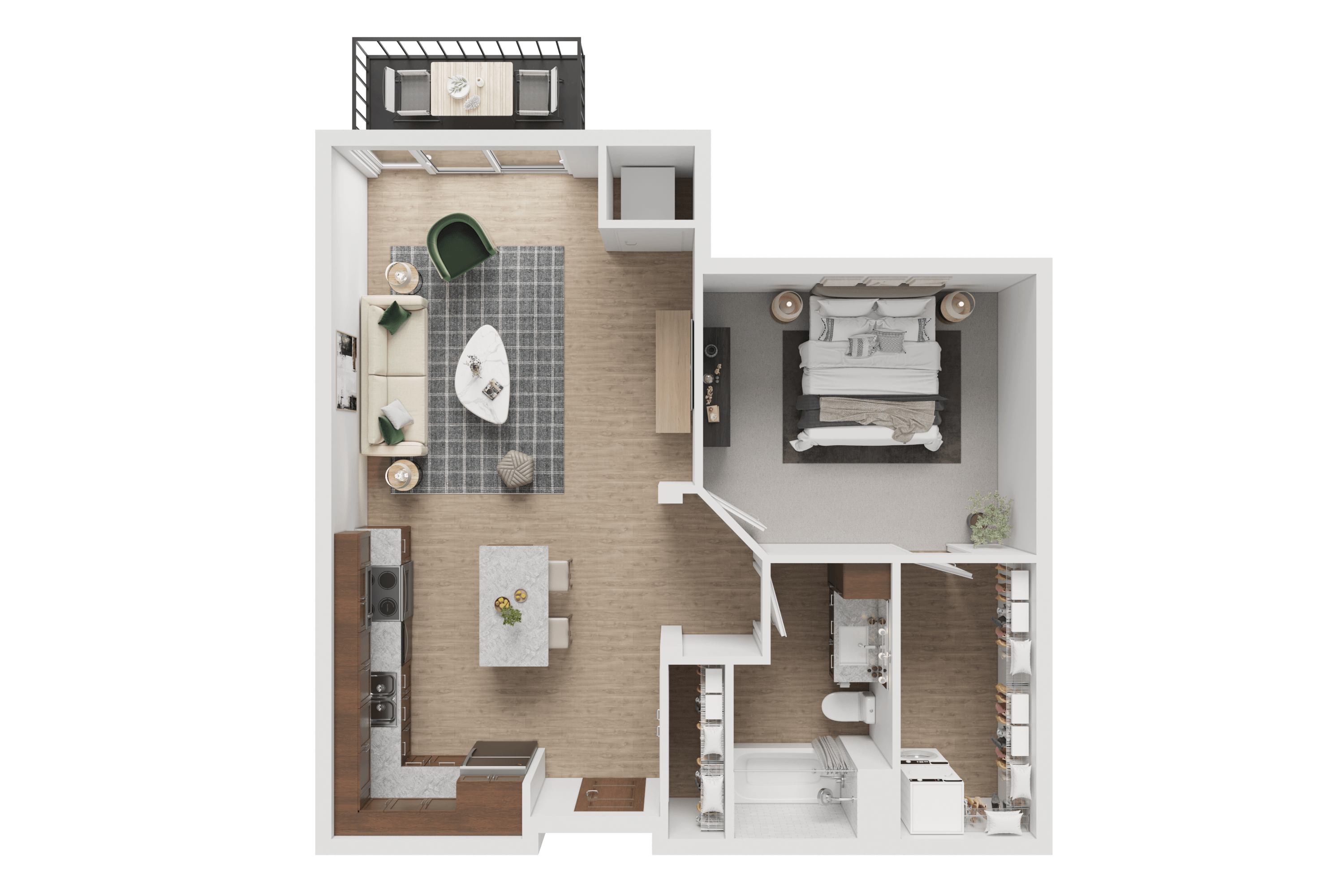 A detailed 3D floor plan of a small apartment.