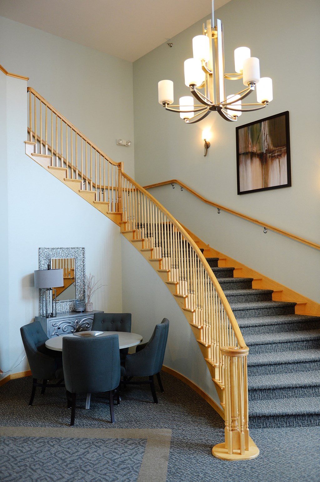 a spiral staircase leading to the second floor at Hearthstone Apartments and Townhomes, Apple Valley, MN, 55124
