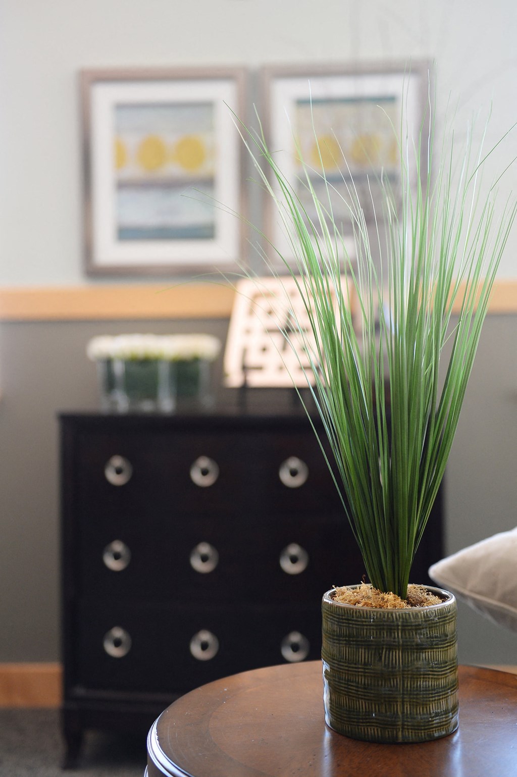 a vase of grass on a table with a black dresser in the background at Hearthstone Apartments and Townhomes, Apple Valley
