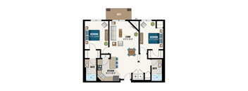 A floor plan of a house with two bedrooms, a living room, a kitchen, a bathroom, and a deck.