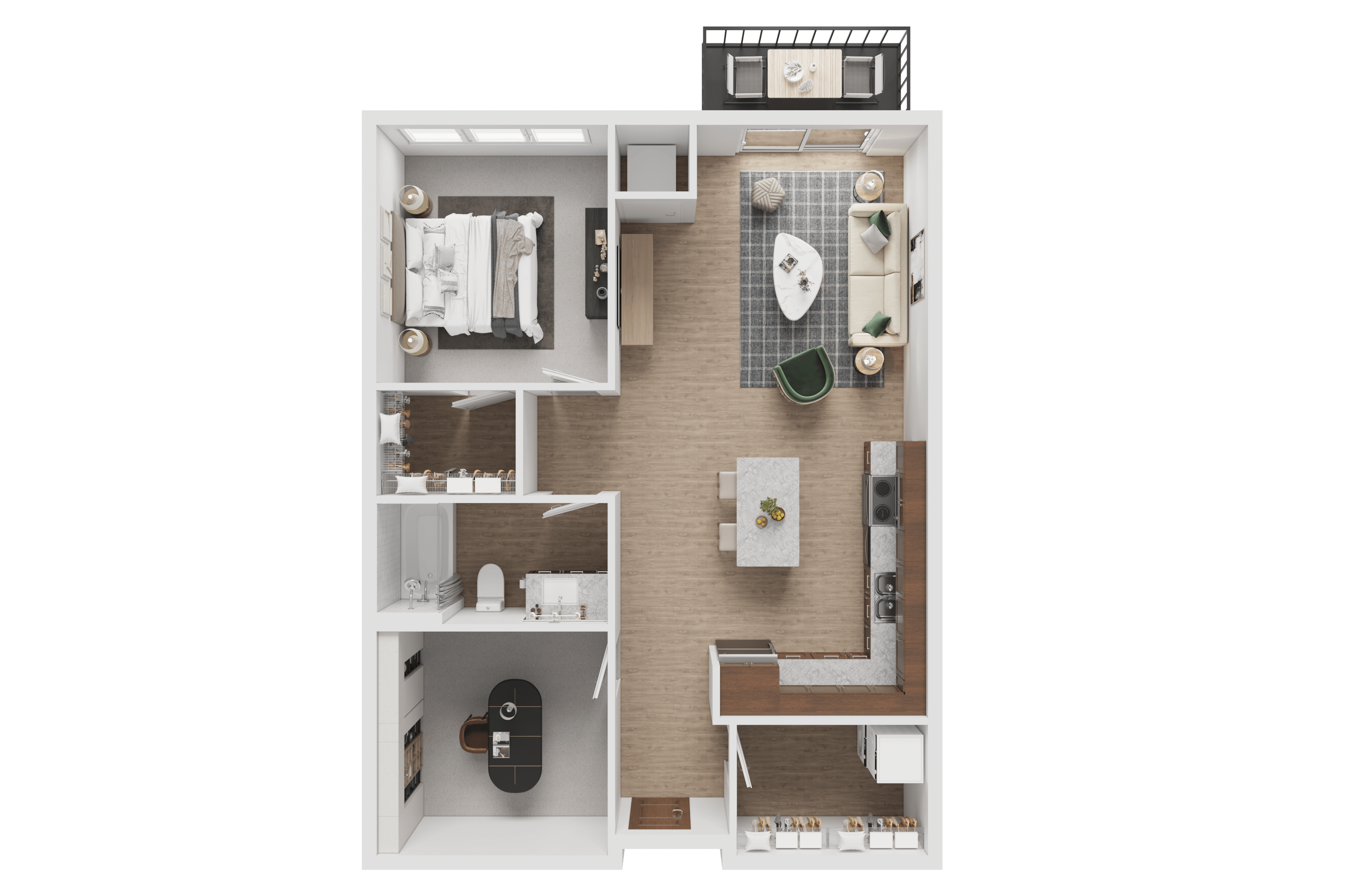 A top-down view of a small apartment with a kitchen, living room, and bathroom.