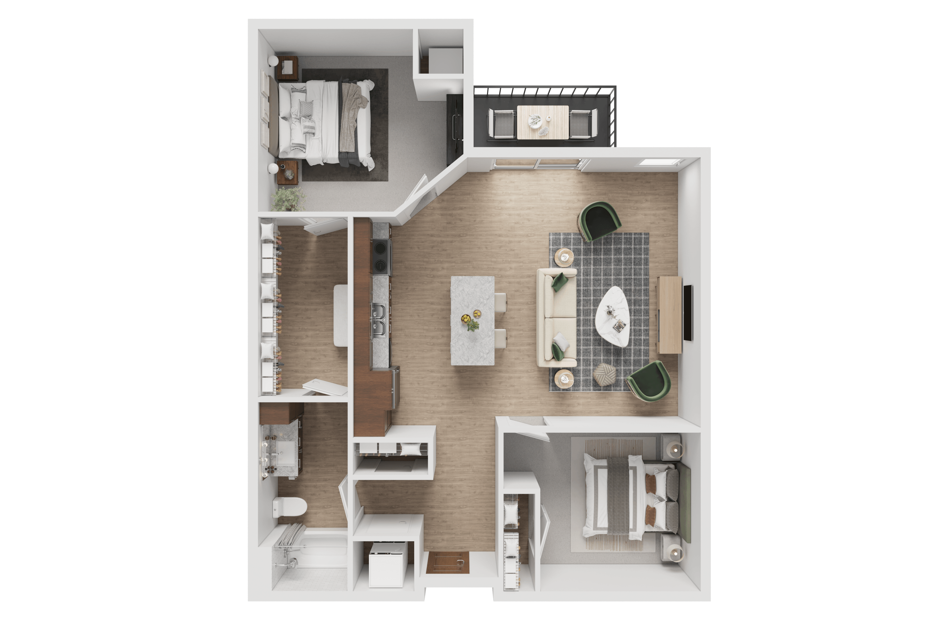 A detailed 3D floor plan of a small apartment.