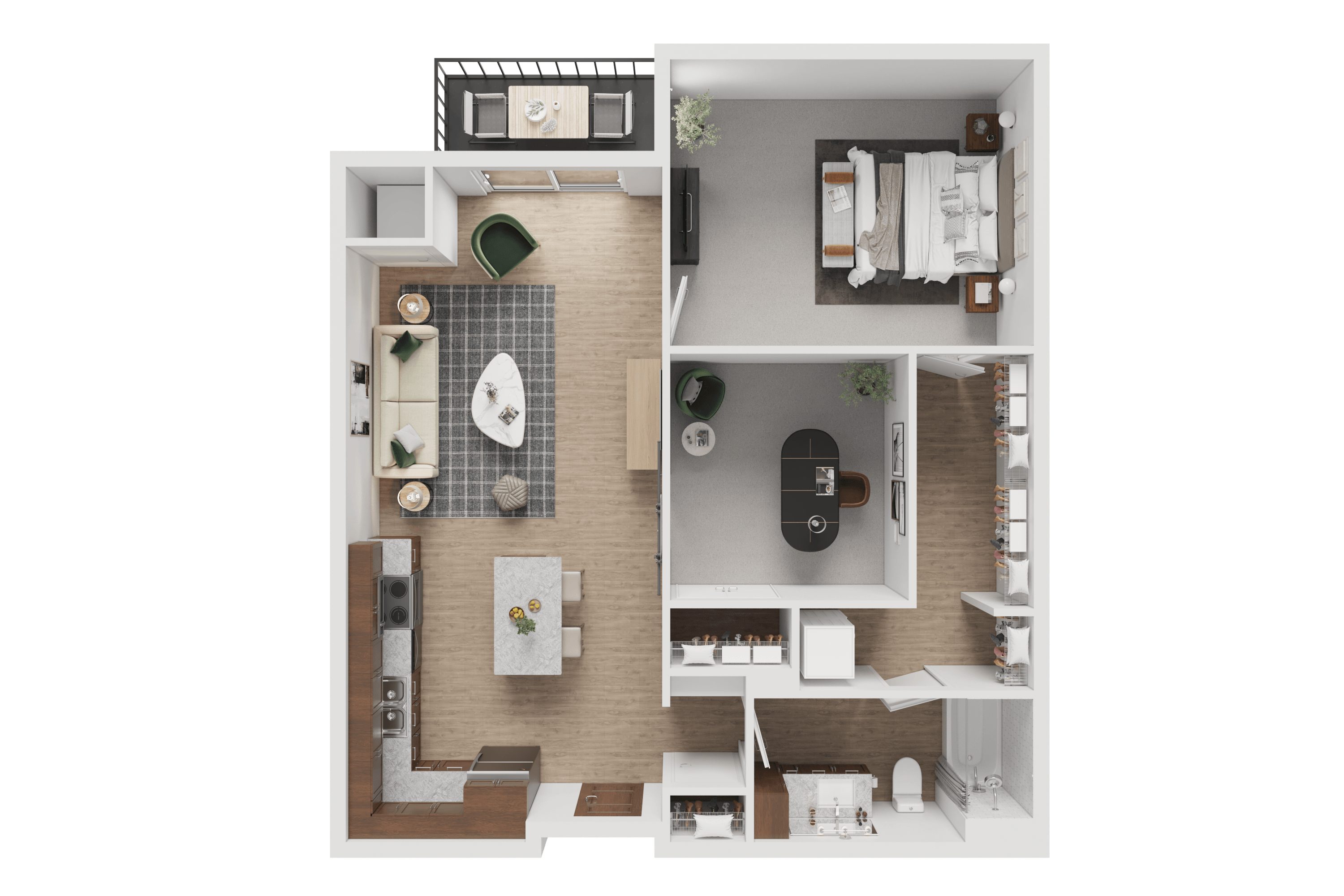 A top-down view of a small, well-organized apartment with a kitchen, living room, and bathroom.