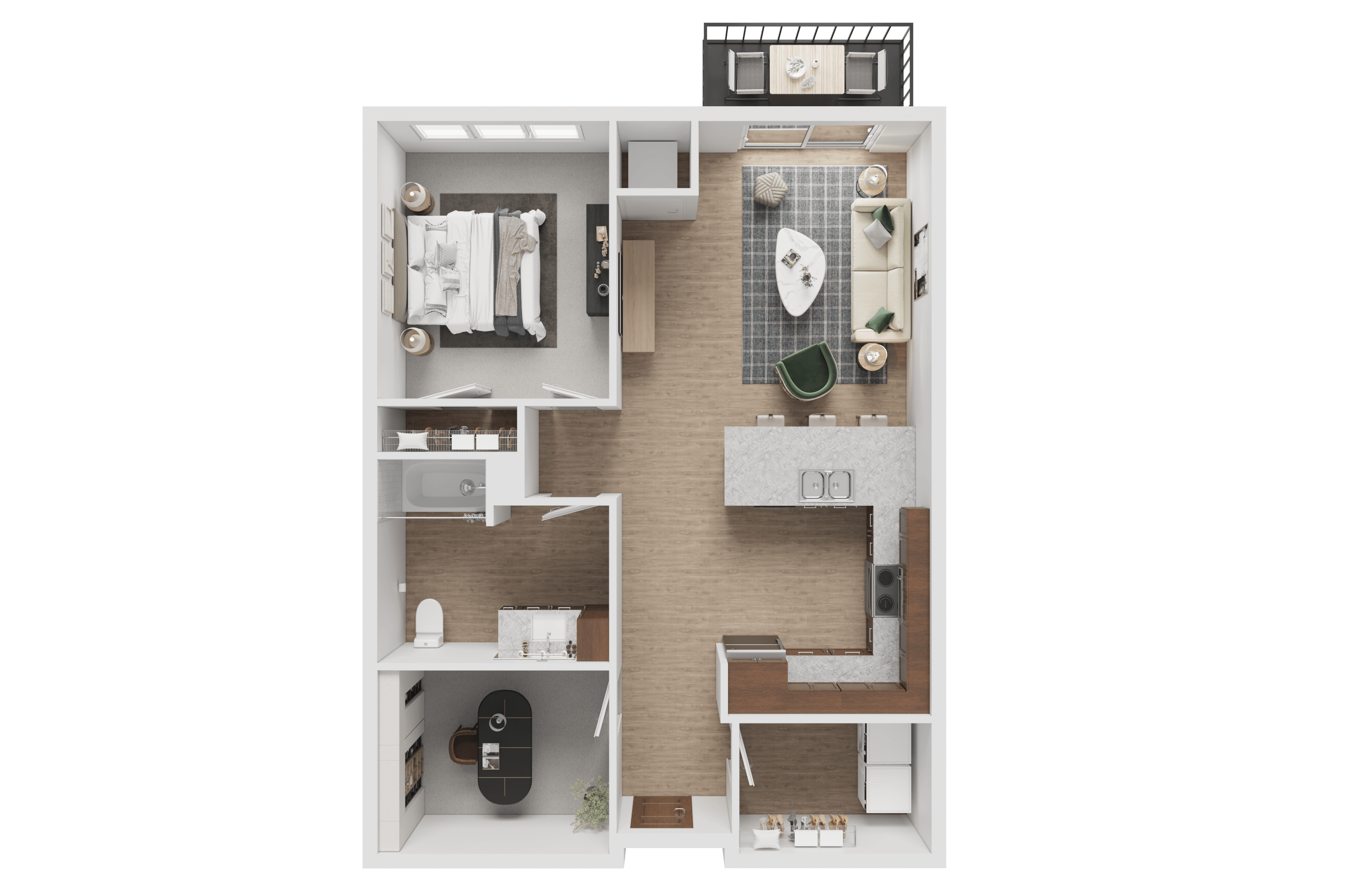A 3D rendered image of a small apartment layout.