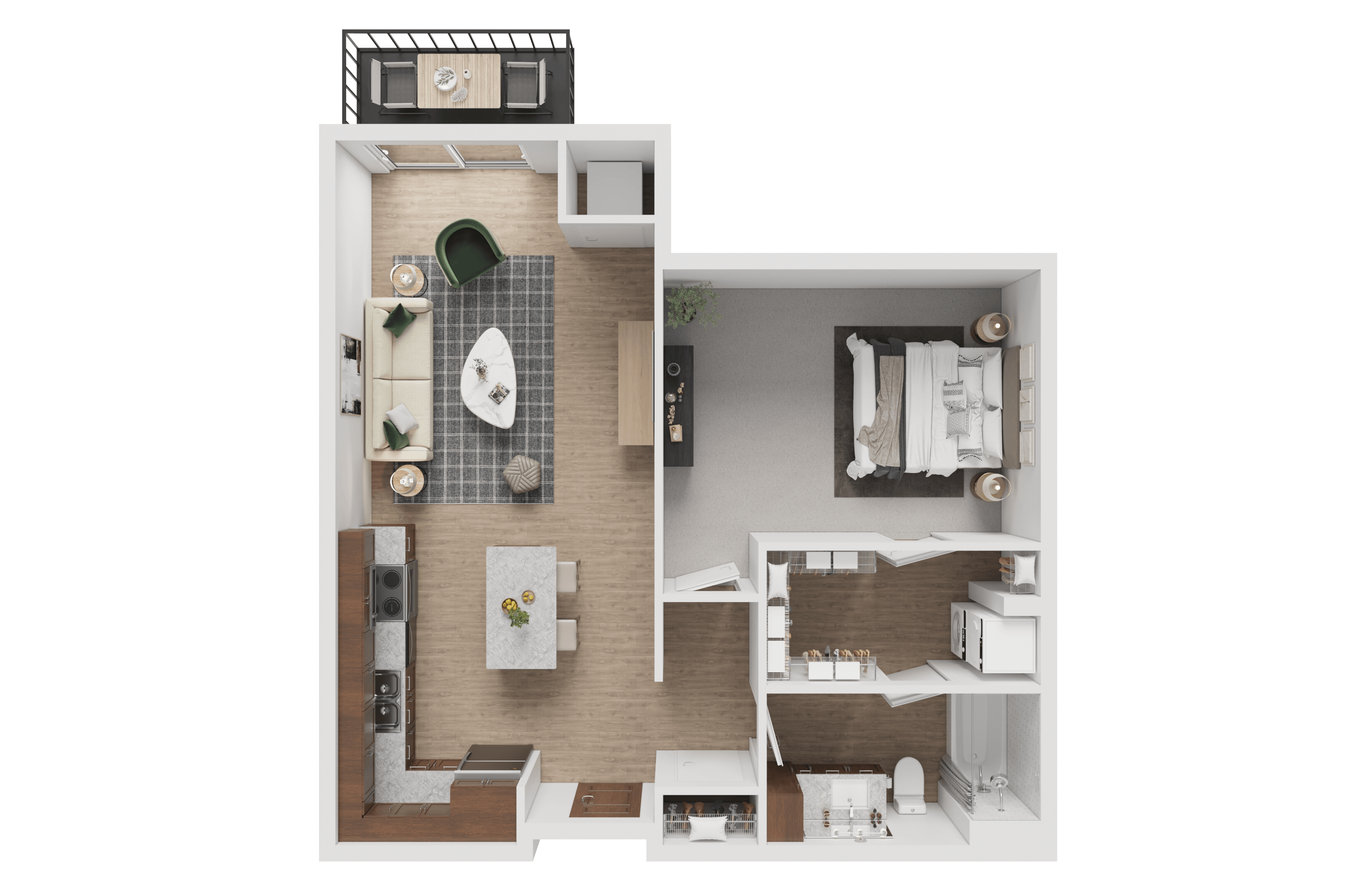 A floor plan of a small apartment with a kitchen, living room, and bathroom.
