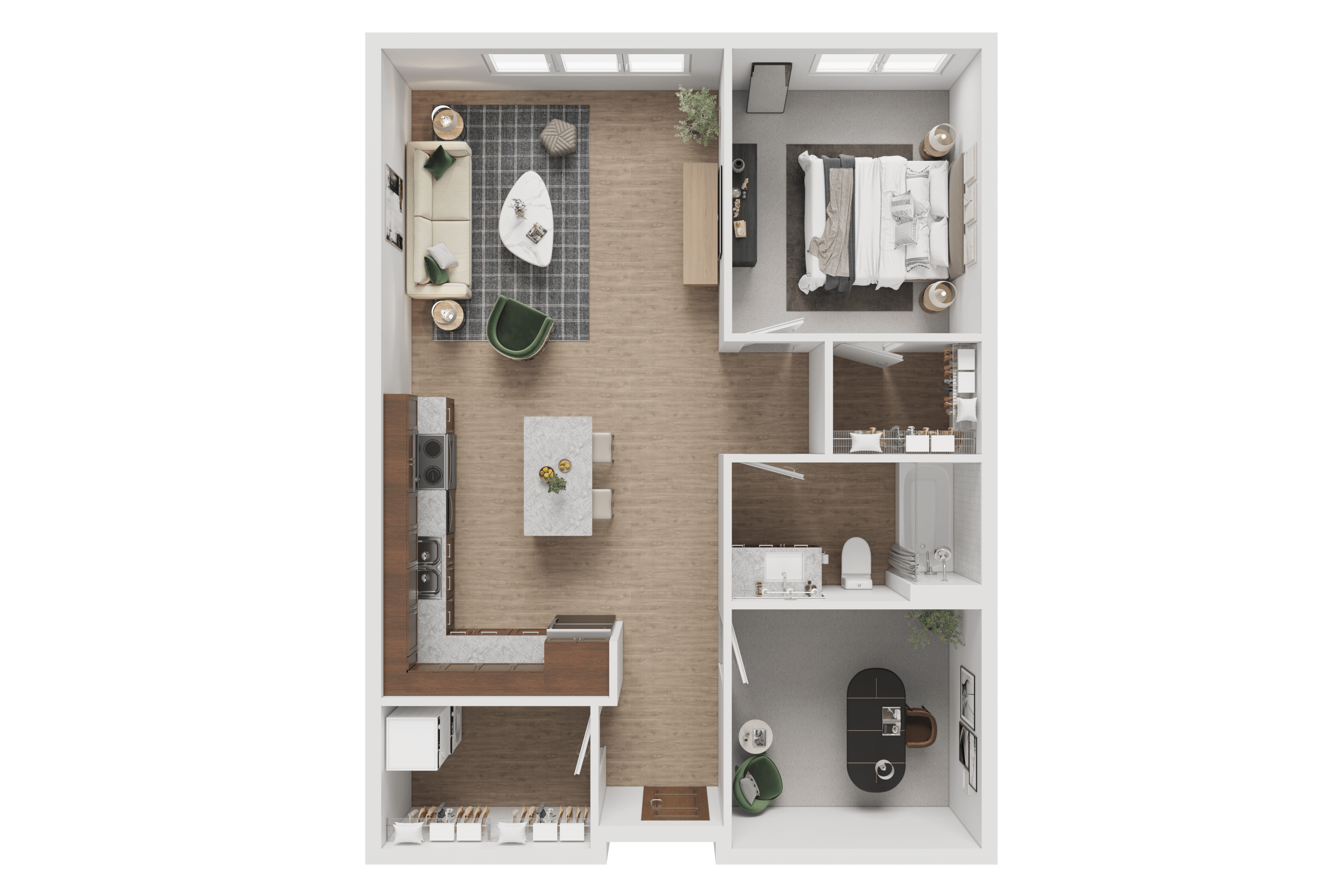 A top-down view of a small apartment with a kitchen, living room, and bathroom.