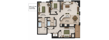 A floor plan of a house with three bedrooms, two bathrooms, a living room, a kitchen, and a dining area.