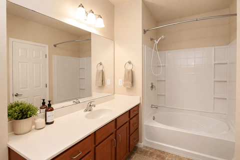 A bathroom with a white countertop and a white bathtub.
