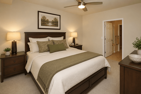 A bedroom with a bed, nightstands, and a ceiling fan.